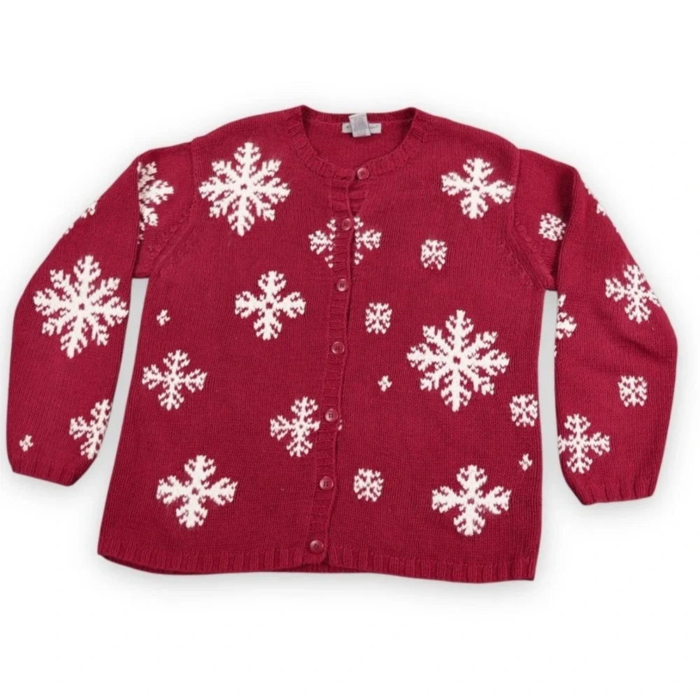 VTG Eddie Bauer Snowflake Cardigan Sweater‎ Womens M Red White Knit Button Front
